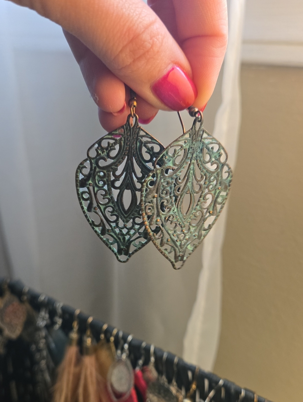 Filigree Teardrop Patina Metal Earrings - Verdigris Green